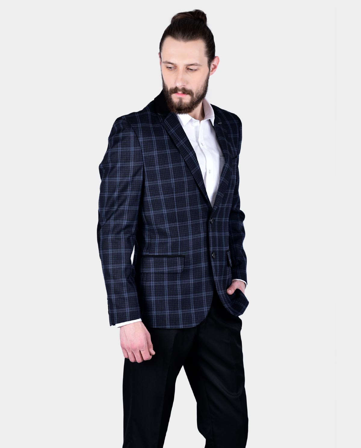 dark blue checkered blazer